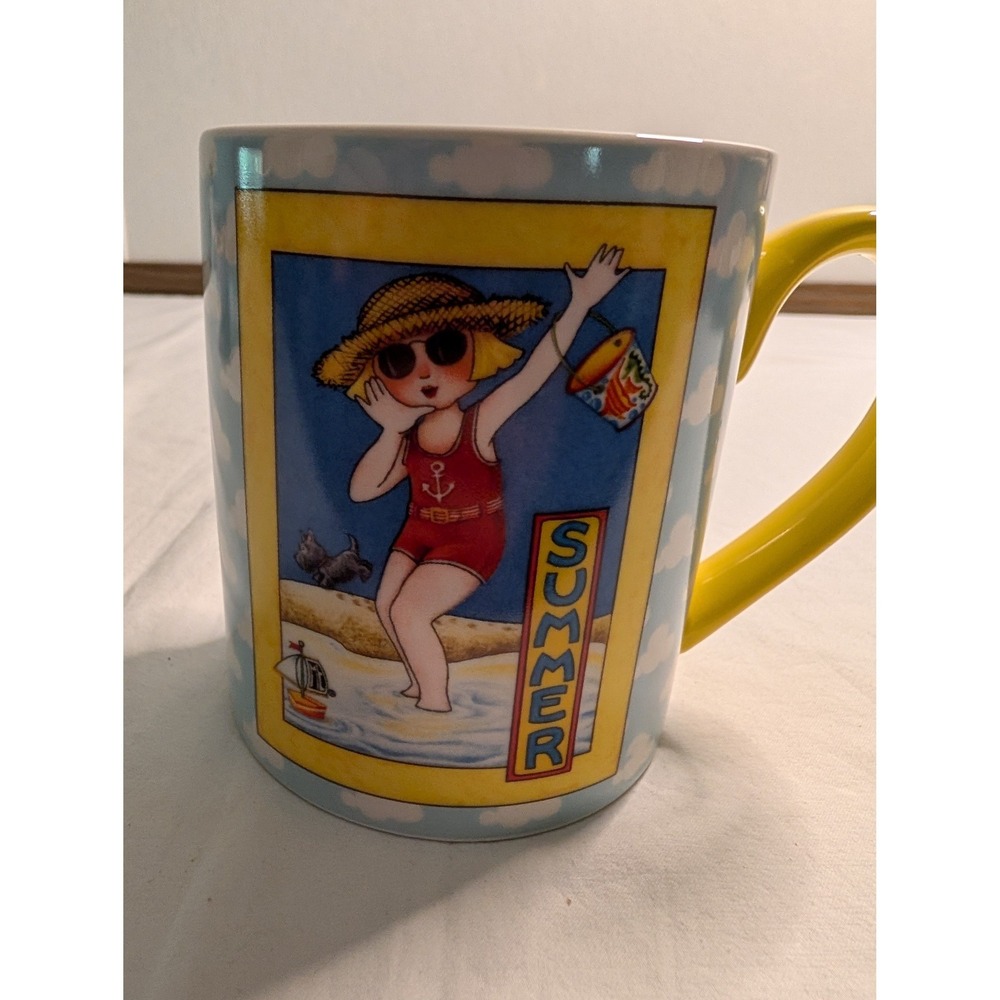 Mary Engelbreit Cape Shore Summer Beach Girl Ceramic Coffee Mug Blue Yellow 4in